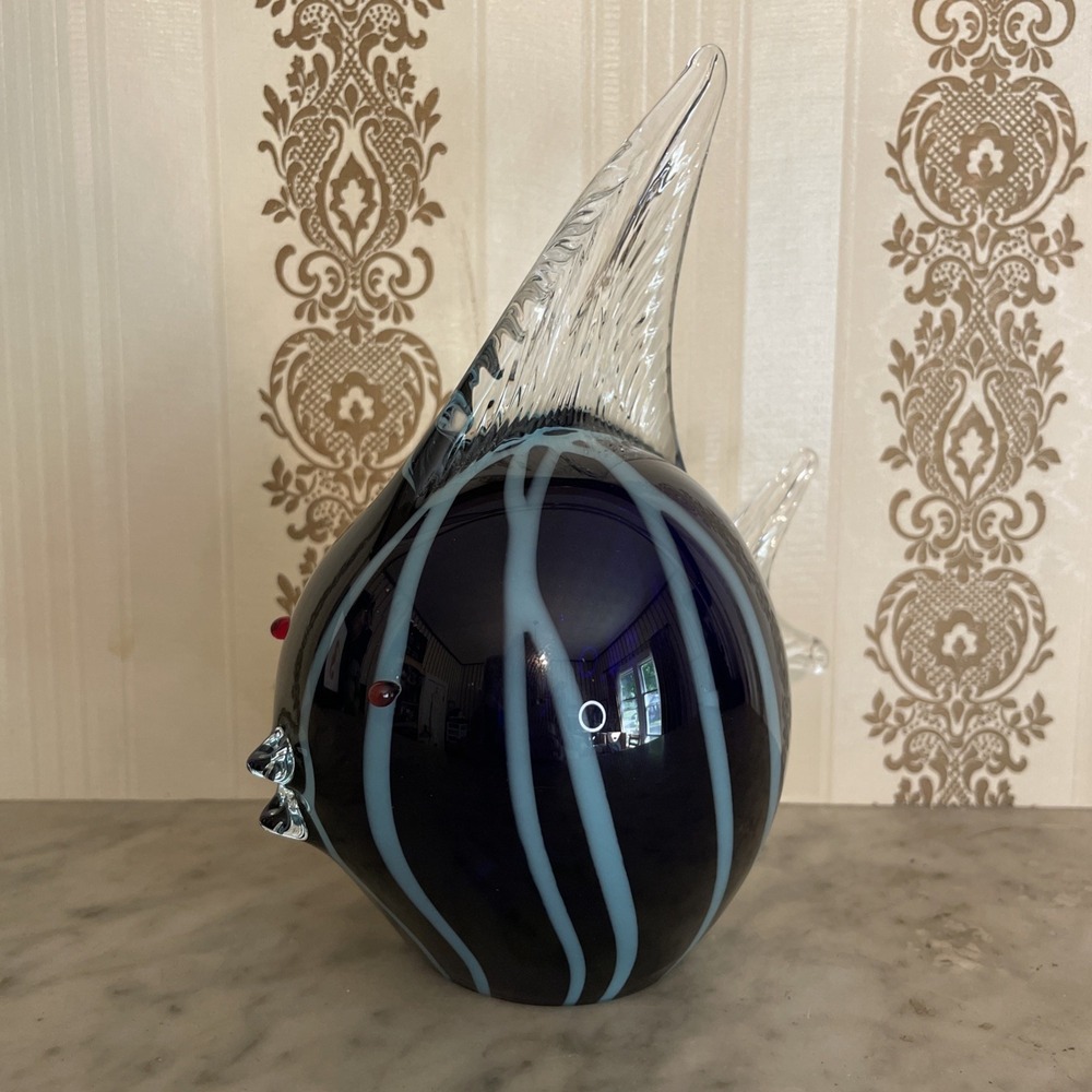Vintage Hand Blown Art Glass Sculpture Fish Blue Stripes Angelfish, maybe Murano